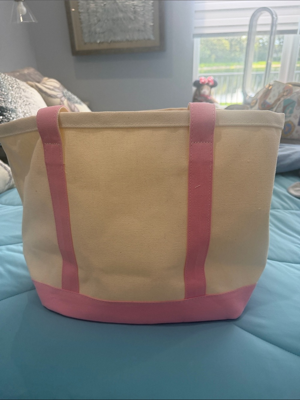 Bloomingdale's Cream Canvas Tote with Pink Trim and Handles